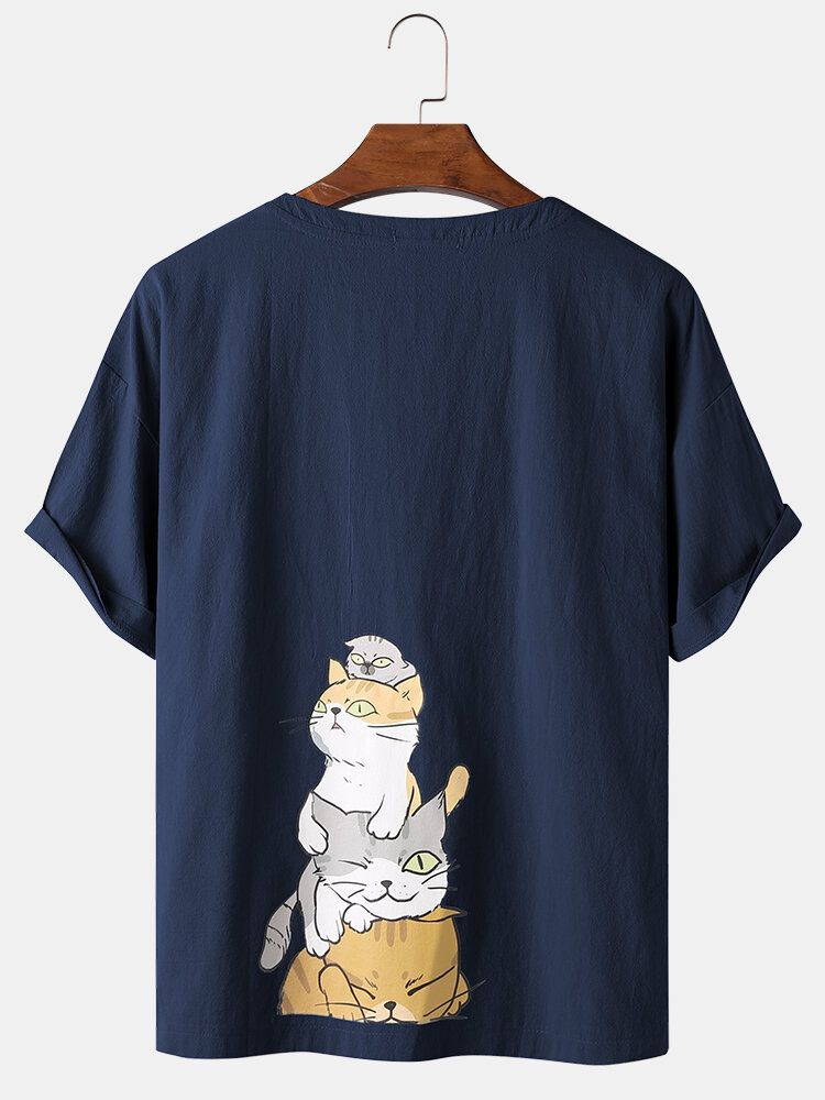 Camisetas De Cuello Redondo Sueltas Transpirables De Color Sólido Con Estampado De Gato De Dibujos Animados Para Hombre