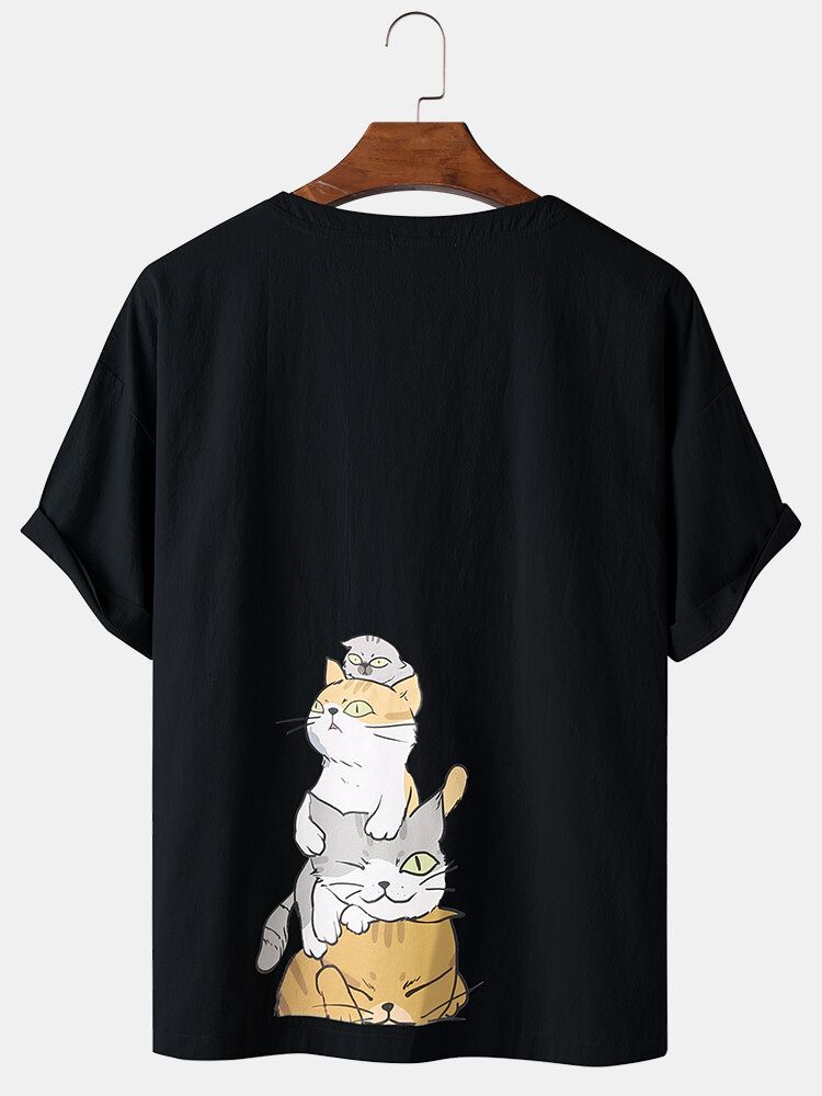 Camisetas De Cuello Redondo Sueltas Transpirables De Color Sólido Con Estampado De Gato De Dibujos Animados Para Hombre