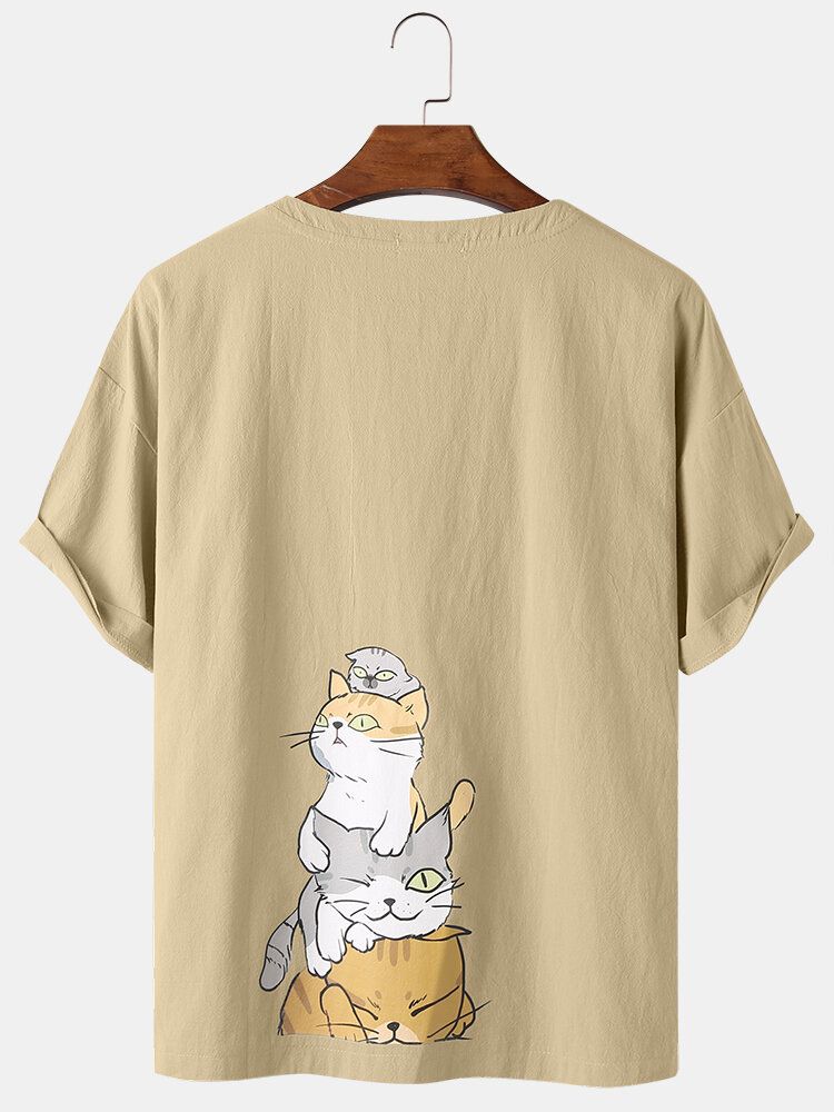 Camisetas De Cuello Redondo Sueltas Transpirables De Color Sólido Con Estampado De Gato De Dibujos Animados Para Hombre