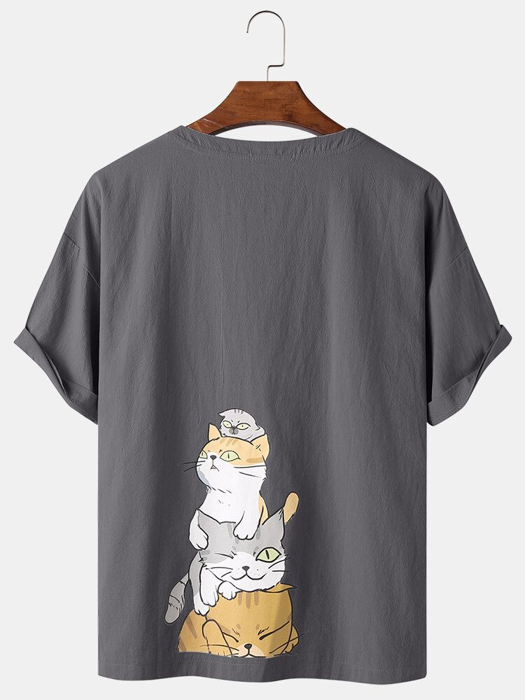 Camisetas De Cuello Redondo Sueltas Transpirables De Color Sólido Con Estampado De Gato De Dibujos Animados Para Hombre