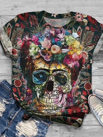 Camisetas De Diseñador Con Estampado Floral De Esqueleto Colorido Para Mujer