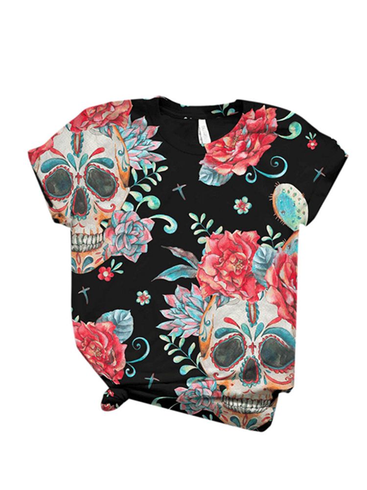 Camisetas De Diseñador Con Estampado Floral De Esqueleto Colorido Para Mujer