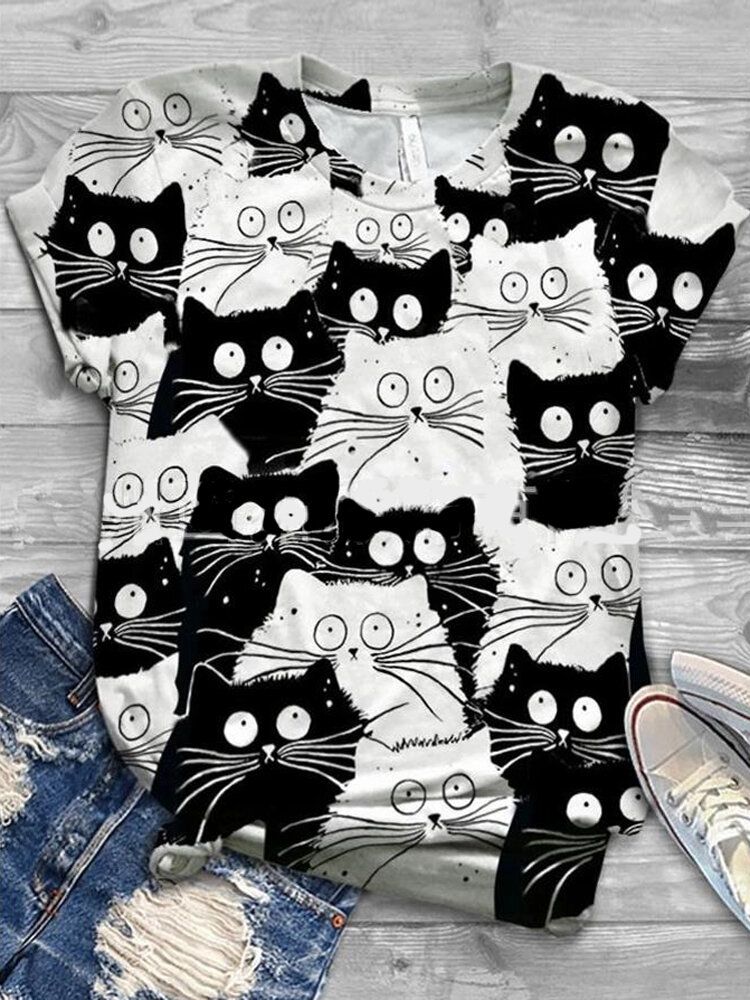 Camisetas Divertidas De Manga Corta Con Cuello Redondo Y Estampado De Gato De Dibujos Animados Divertidos Para Mujer