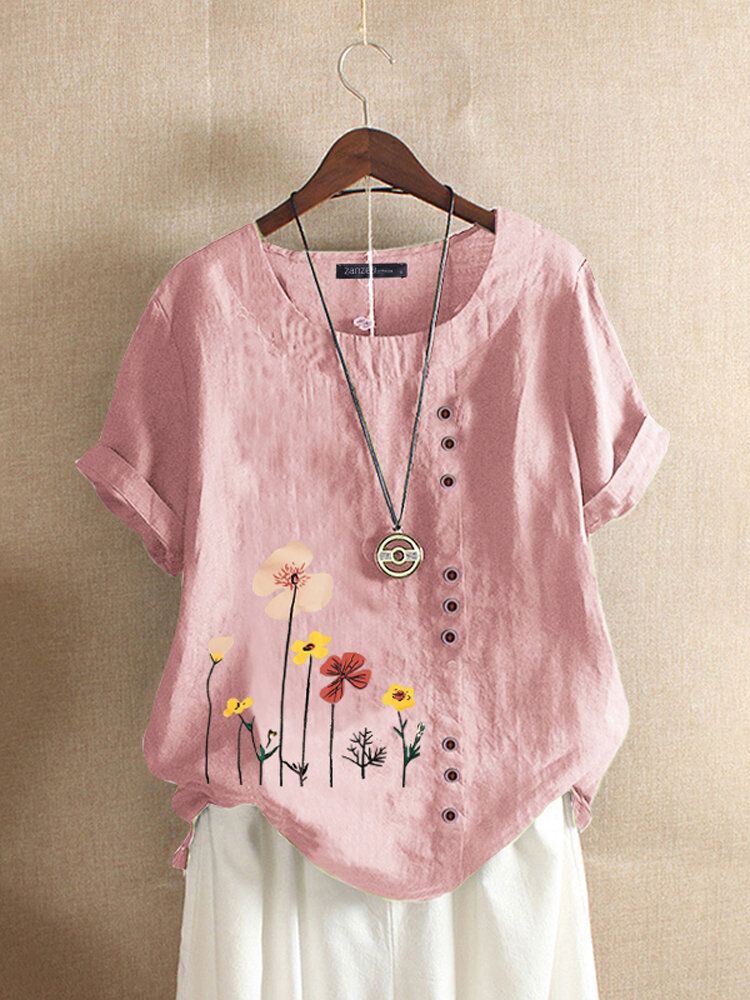 Camisetas Informales Con Botones De Manga Corta Con Cuello Redondo Y Estampado De Flores Para Mujer