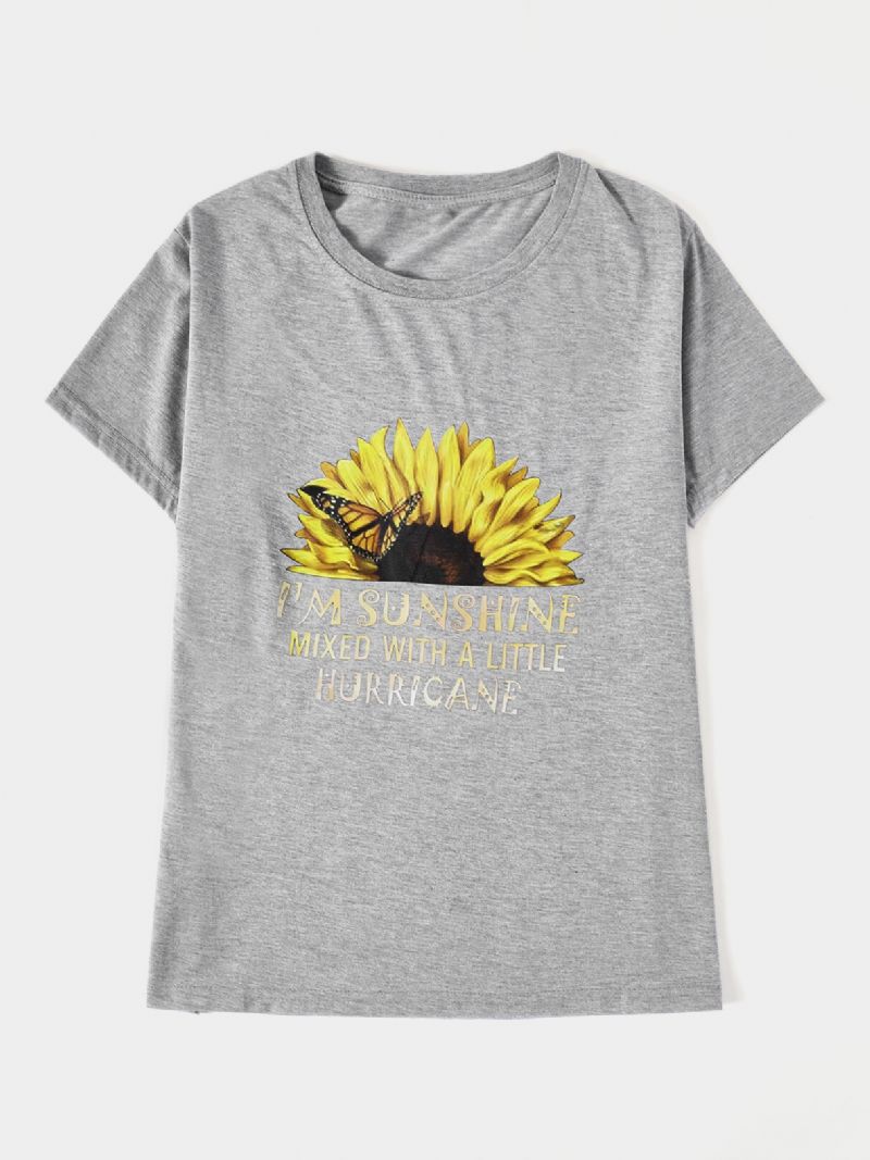 Camisetas Informales De Manga Corta Con Cuello Redondo Y Estampado De Letras De Mariposa Girasol Para Mujer