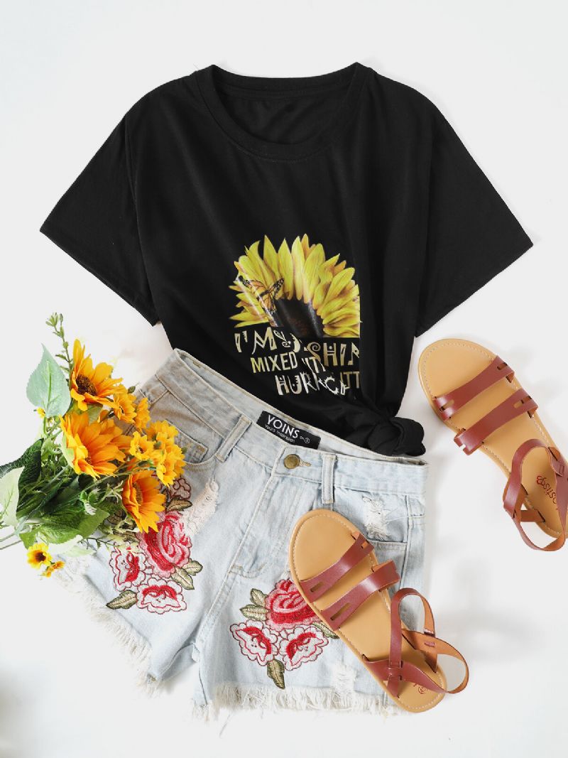 Camisetas Informales De Manga Corta Con Cuello Redondo Y Estampado De Letras De Mariposa Girasol Para Mujer