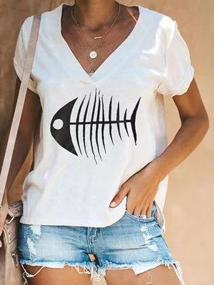 Camisetas Informales De Manga Corta Con Cuello En V Y Estampado De Hueso De Pescado Para Mujer