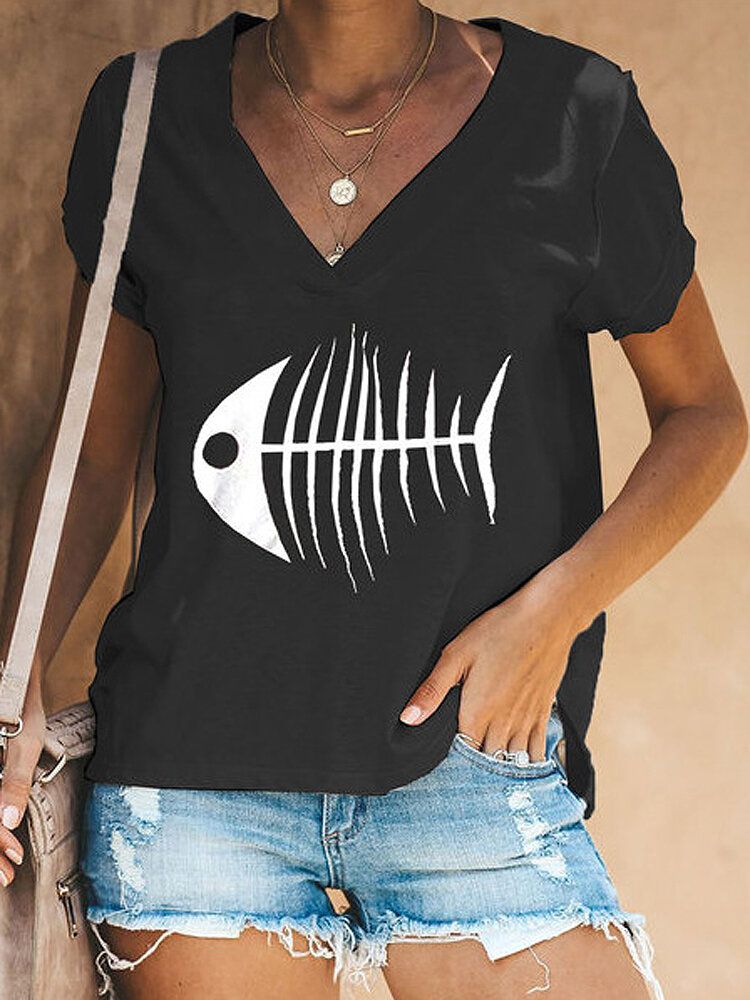 Camisetas Informales De Manga Corta Con Cuello En V Y Estampado De Hueso De Pescado Para Mujer