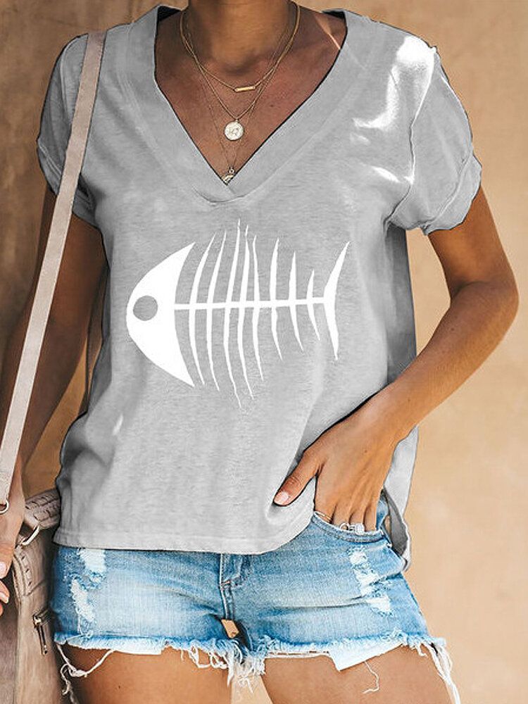 Camisetas Informales De Manga Corta Con Cuello En V Y Estampado De Hueso De Pescado Para Mujer