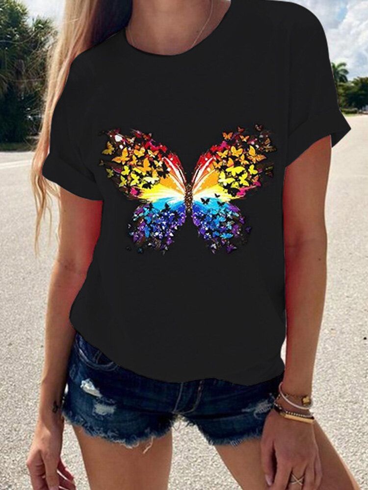 Camisetas Informales Salvajes De Verano De Manga Corta Con Cuello Redondo Y Estampado De Mariposas