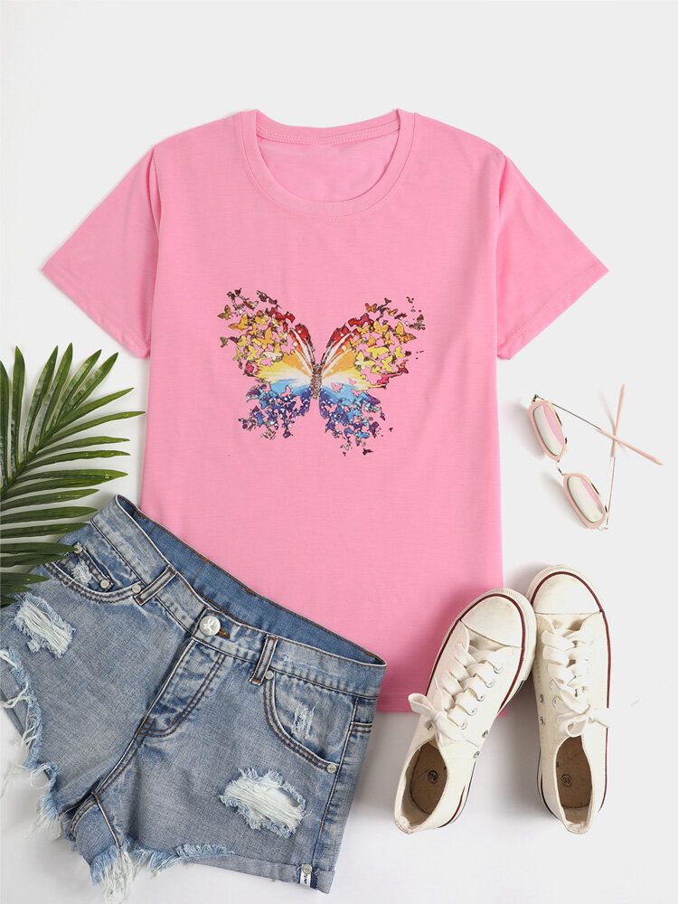 Camisetas Informales Salvajes De Verano De Manga Corta Con Cuello Redondo Y Estampado De Mariposas