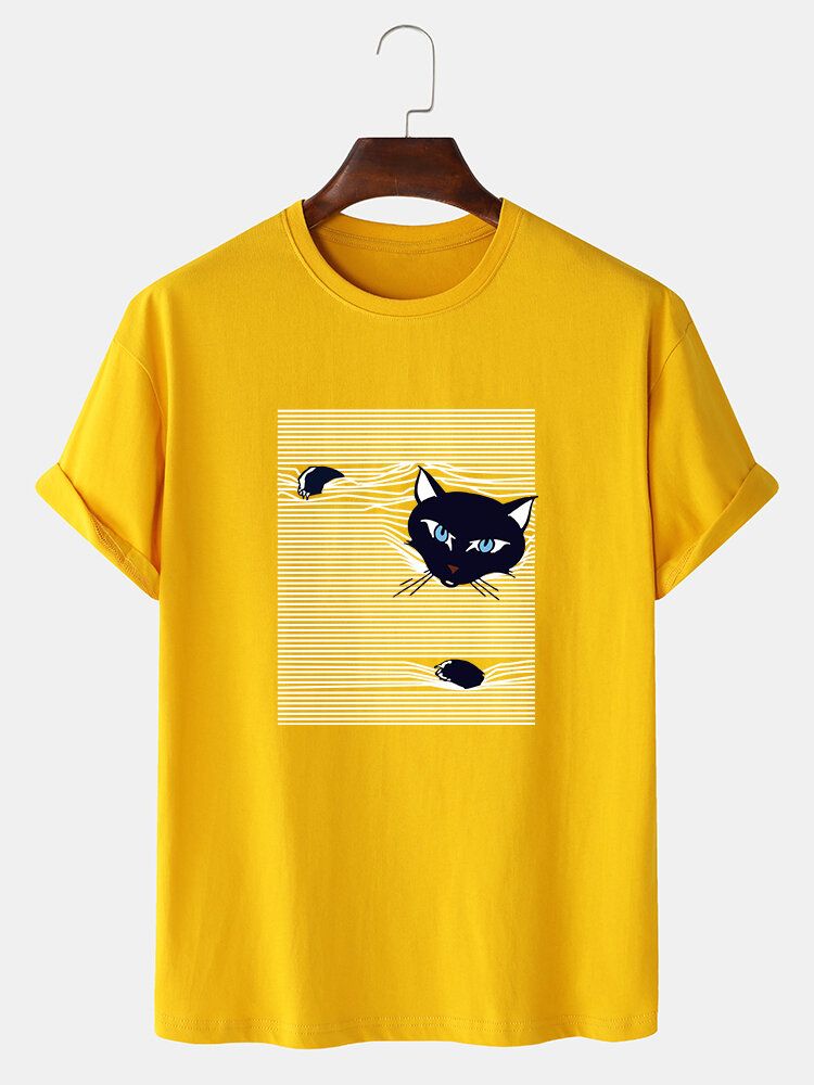 Camisetas Lindas De Manga Corta Con Estampado De Gato De Dibujos Animados A Rayas Para Hombre