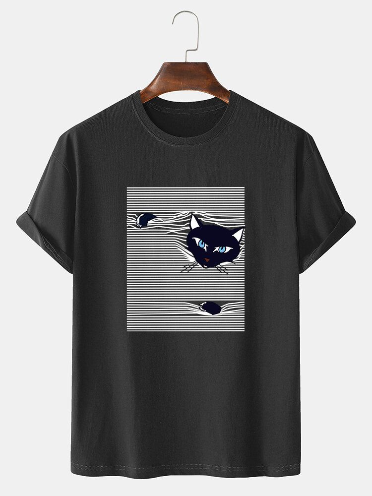 Camisetas Lindas De Manga Corta Con Estampado De Gato De Dibujos Animados A Rayas Para Hombre