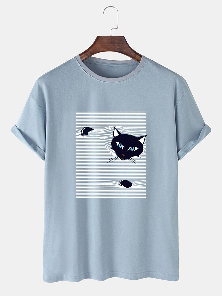 Camisetas Lindas De Manga Corta Con Estampado De Gato De Dibujos Animados A Rayas Para Hombre