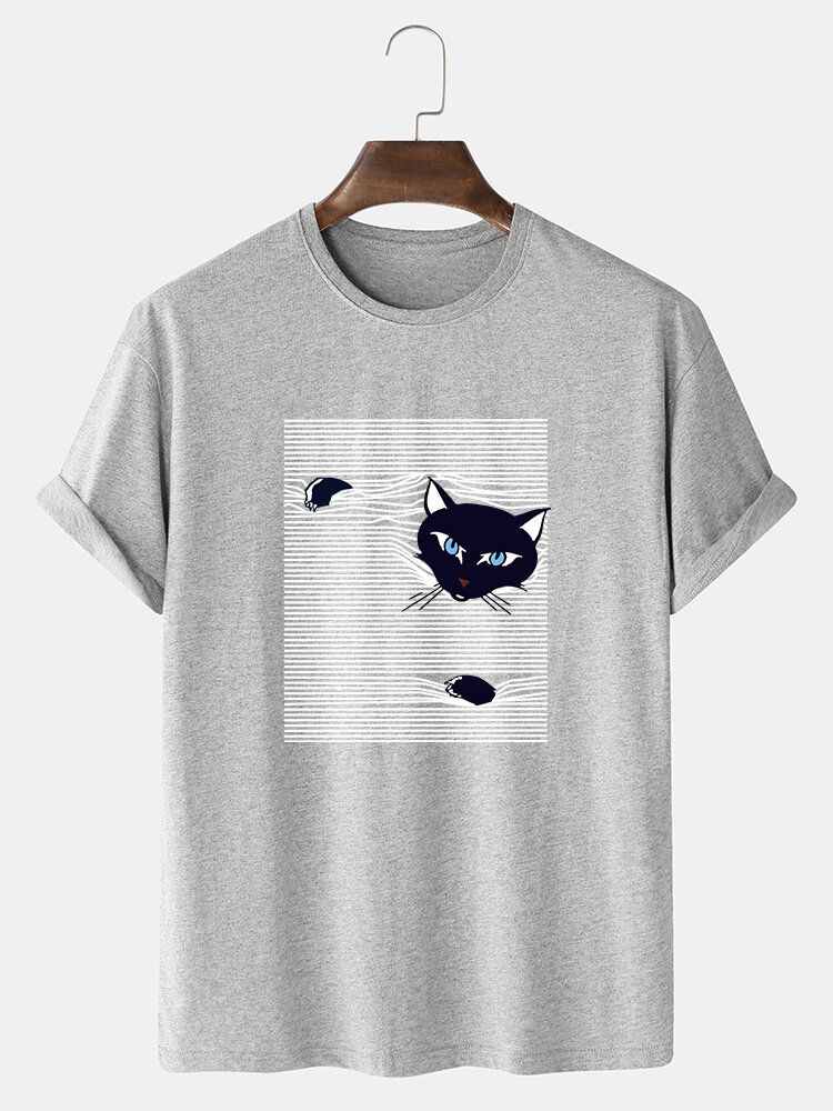 Camisetas Lindas De Manga Corta Con Estampado De Gato De Dibujos Animados A Rayas Para Hombre