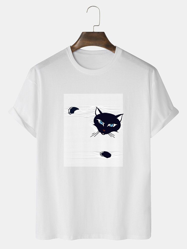 Camisetas Lindas De Manga Corta Con Estampado De Gato De Dibujos Animados A Rayas Para Hombre