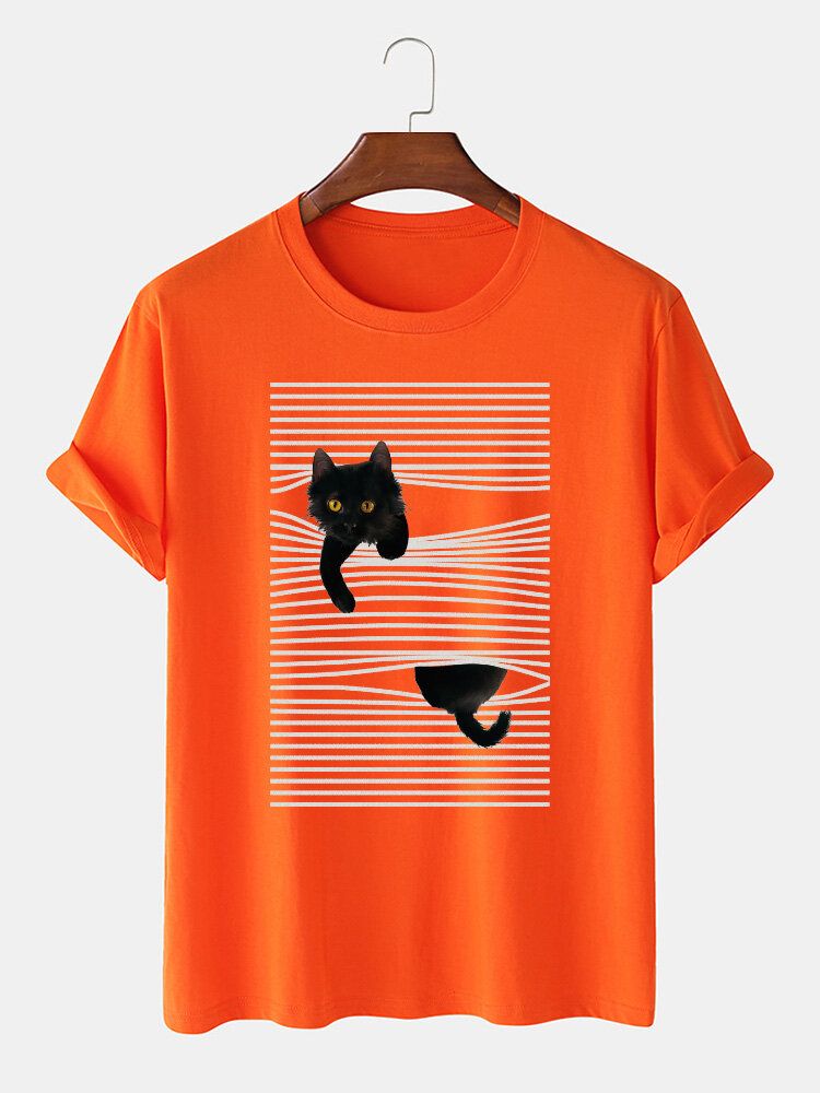 Camisetas Lindas De Manga Corta Con Estampado De Gato De Dibujos Animados Y Línea De Algodón Para Hombre