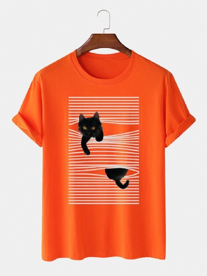 Camisetas Lindas De Manga Corta Con Estampado De Gato De Dibujos Animados Y Línea De Algodón Para Hombre