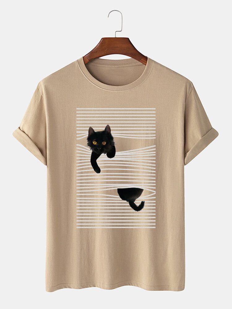 Camisetas Lindas De Manga Corta Con Estampado De Gato De Dibujos Animados Y Línea De Algodón Para Hombre