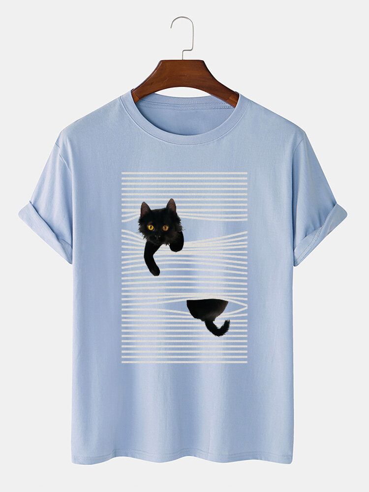 Camisetas Lindas De Manga Corta Con Estampado De Gato De Dibujos Animados Y Línea De Algodón Para Hombre