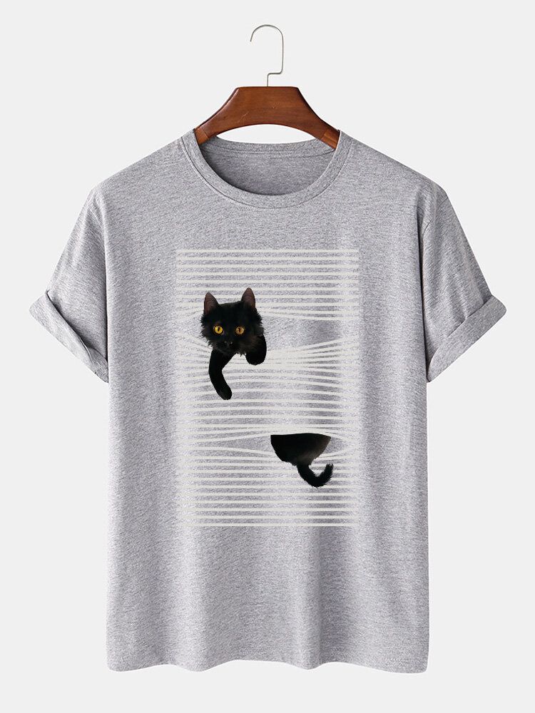 Camisetas Lindas De Manga Corta Con Estampado De Gato De Dibujos Animados Y Línea De Algodón Para Hombre