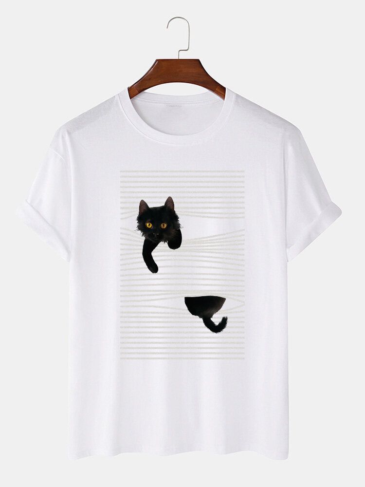 Camisetas Lindas De Manga Corta Con Estampado De Gato De Dibujos Animados Y Línea De Algodón Para Hombre