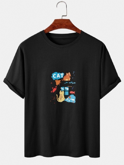 Camisetas De Manga Corta Casual De Algodón Con Estampado De Gato De Dibujos Animados Para Hombre