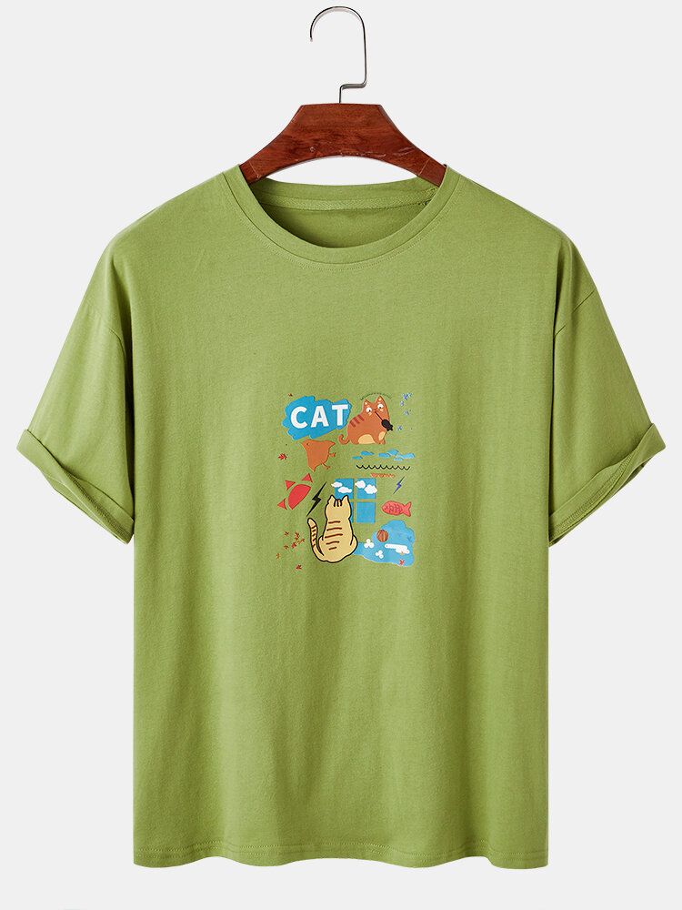 Camisetas De Manga Corta Casual De Algodón Con Estampado De Gato De Dibujos Animados Para Hombre