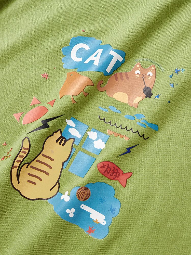 Camisetas De Manga Corta Casual De Algodón Con Estampado De Gato De Dibujos Animados Para Hombre