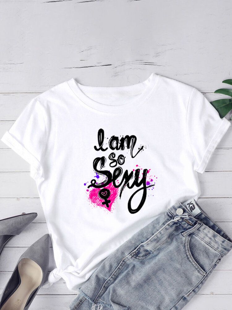 Camisetas De Manga Corta Casual Con Cuello Redondo Y Estampado De Corazón Con Eslogan Para Mujer