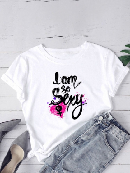 Camisetas De Manga Corta Casual Con Cuello Redondo Y Estampado De Corazón Con Eslogan Para Mujer