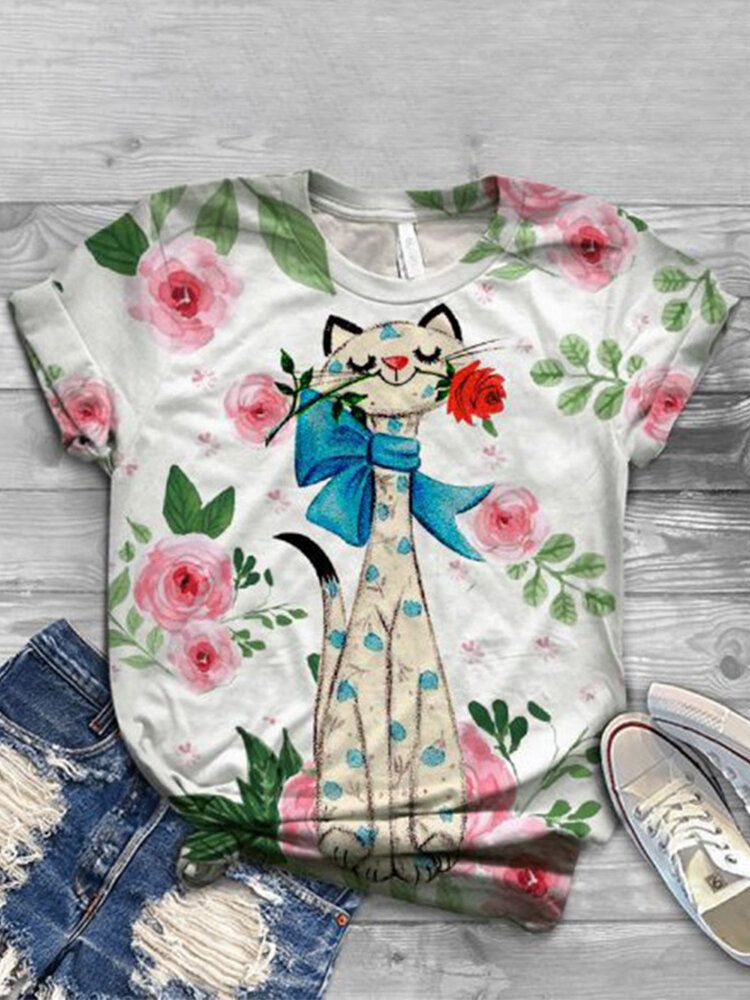 Camisetas De Manga Corta Casual Con Cuello Redondo Y Estampado Floral De Gato Lindo Para Mujer