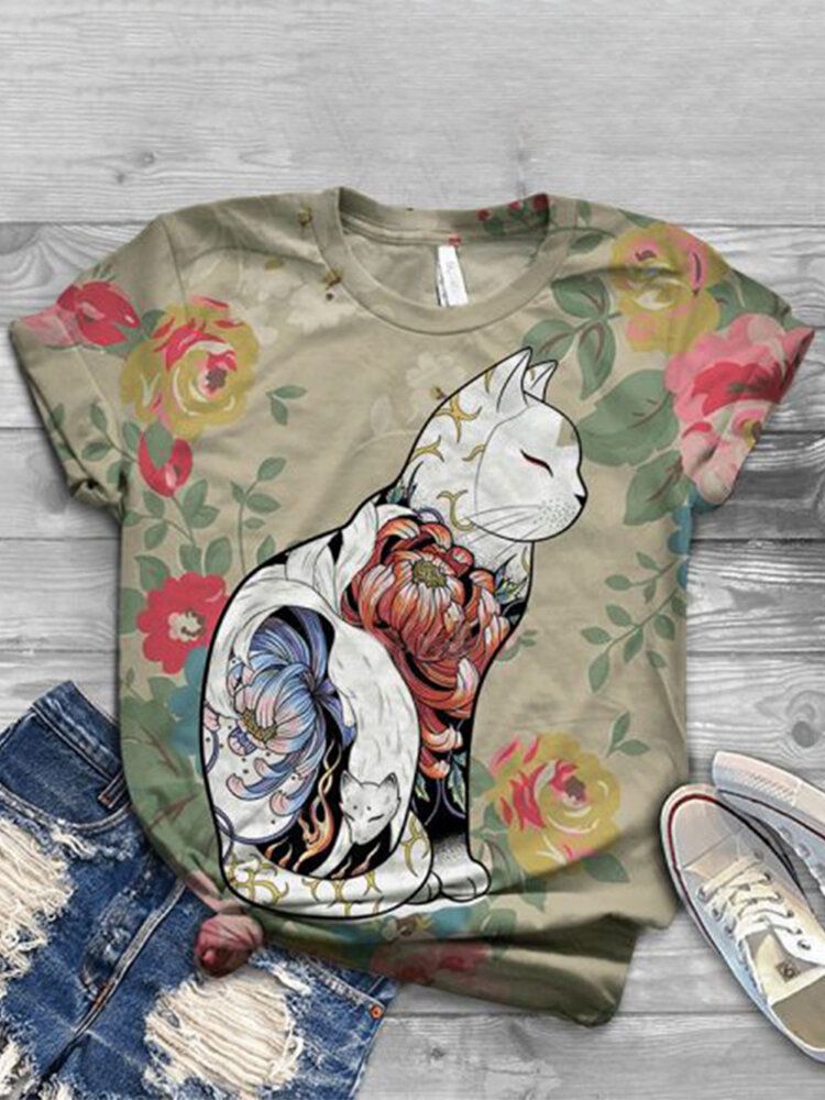 Camisetas De Manga Corta Casual Con Cuello Redondo Y Estampado Floral De Gato Lindo Para Mujer