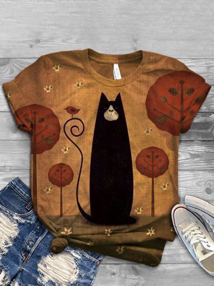 Camisetas De Manga Corta Casual Con Cuello Redondo Y Estampado Floral De Gato Lindo Para Mujer