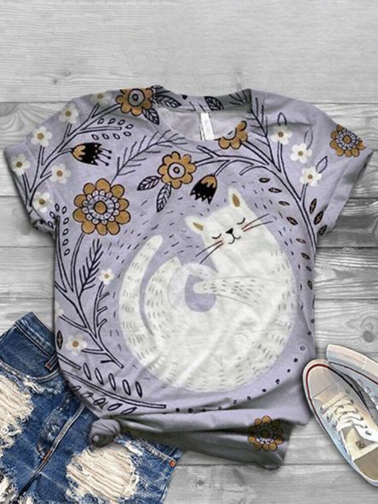 Camisetas De Manga Corta Casual Con Cuello Redondo Y Estampado Floral De Gato Lindo Para Mujer