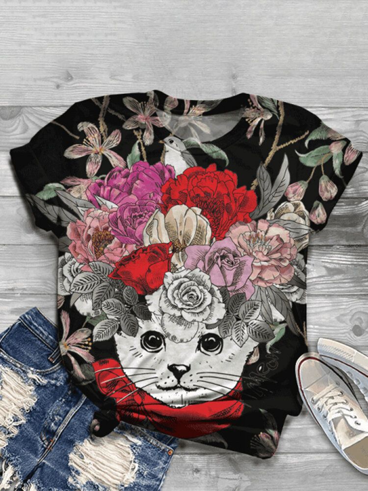 Camisetas De Manga Corta Casual Con Cuello Redondo Y Estampado Floral De Gato Para Mujer