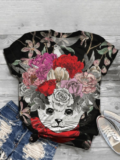 Camisetas De Manga Corta Casual Con Cuello Redondo Y Estampado Floral De Gato Para Mujer