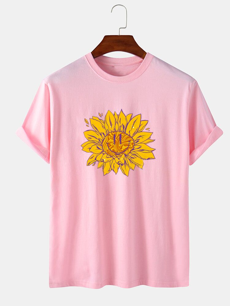 Camisetas De Manga Corta Casual Con Cuello Redondo Y Estampado De Flores De Algodón 100% Para Hombre