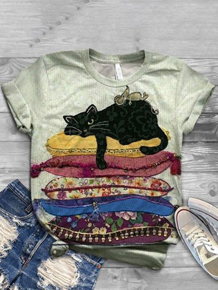 Camisetas De Manga Corta Casual Con Cuello Redondo Y Estampado De Gato De Dibujos Animados Lindo Para Mujer