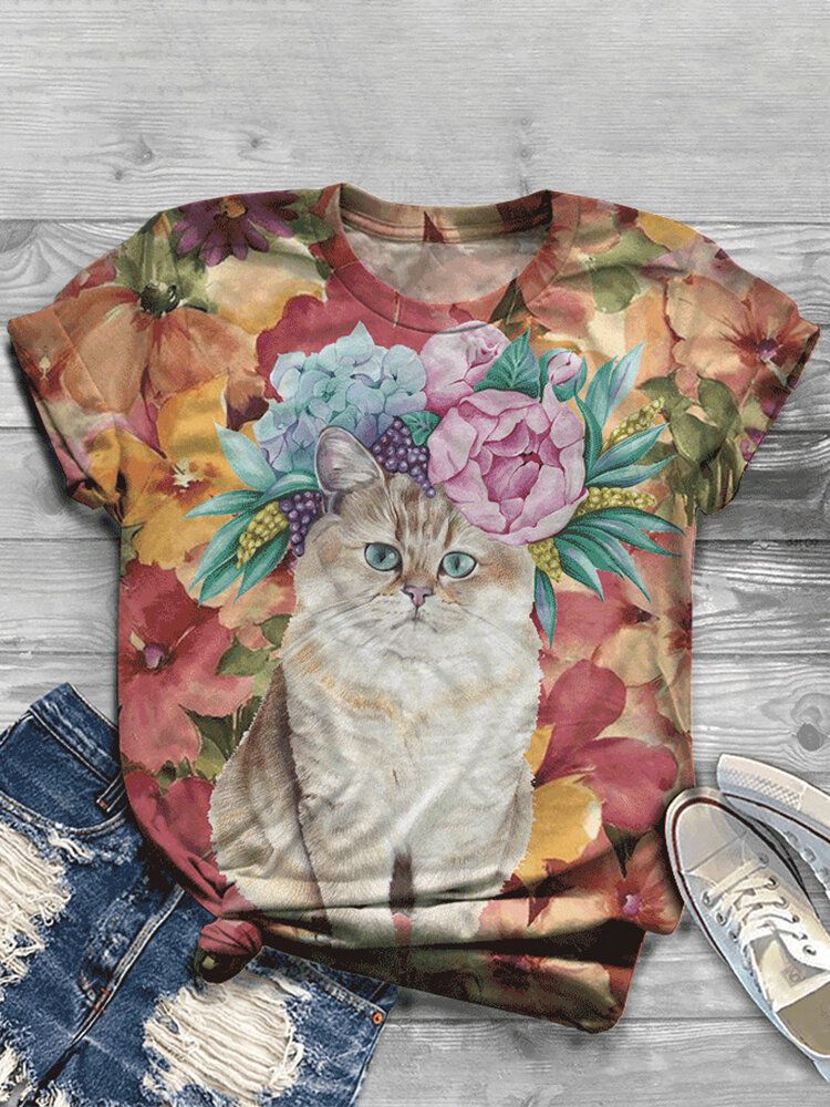 Camisetas De Manga Corta Casual Con Cuello Redondo Y Estampado De Gato De Dibujos Animados Para Mujer