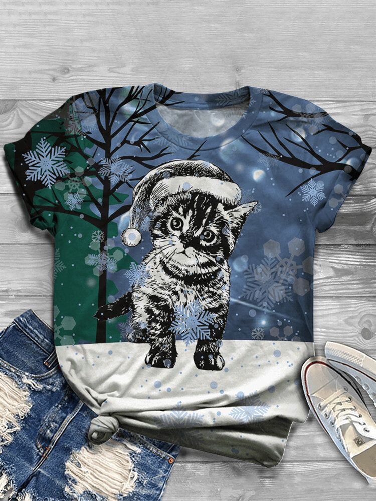 Camisetas De Manga Corta Casual Con Cuello Redondo Y Estampado De Gato De Dibujos Animados Para Mujer