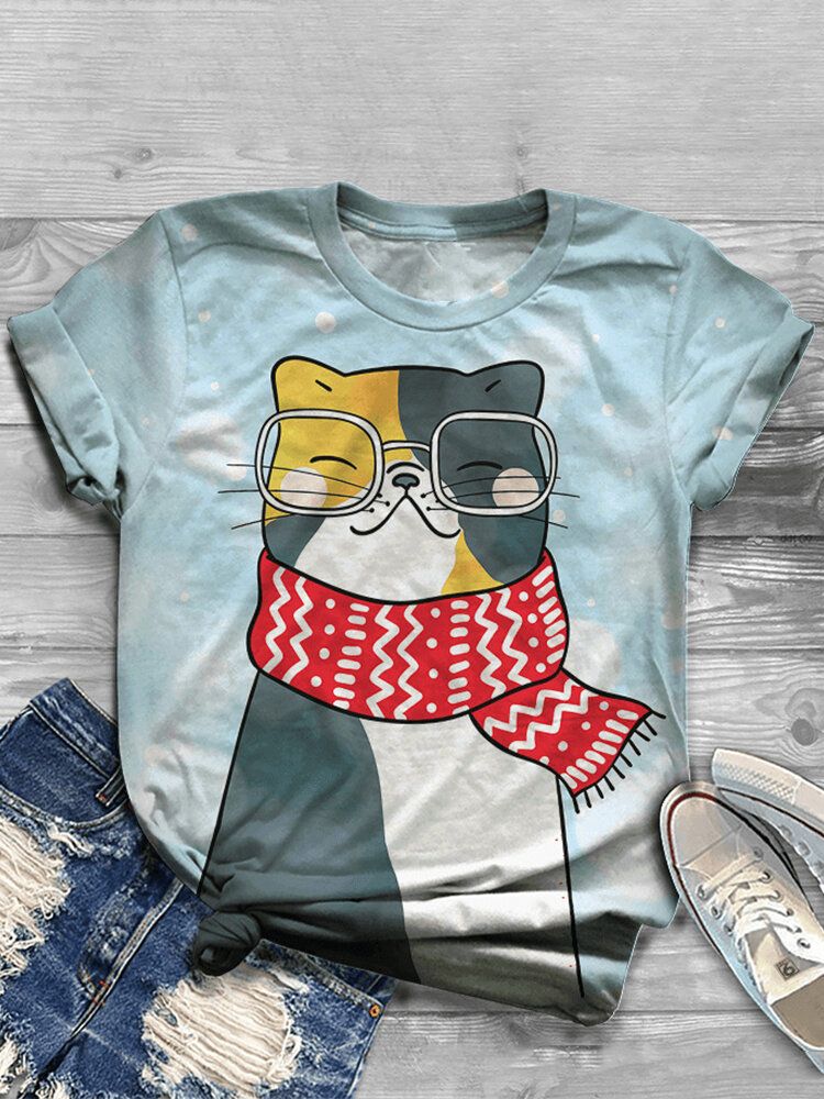 Camisetas De Manga Corta Casual Con Cuello Redondo Y Estampado De Gato De Dibujos Animados Para Mujer