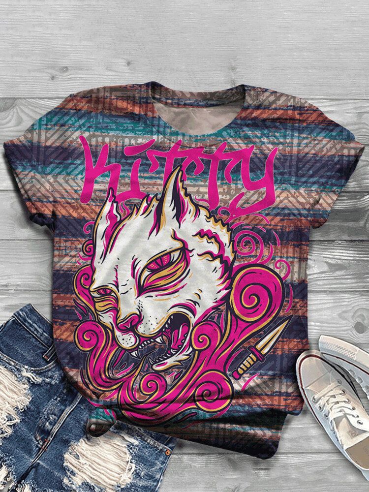 Camisetas De Manga Corta Casual Con Cuello Redondo Y Estampado De Gato De Dibujos Animados Para Mujer