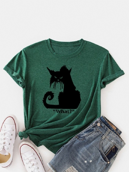 Camisetas De Manga Corta Casual Con Cuello Redondo Y Estampado De Gato De Dibujos Animados Para Mujer