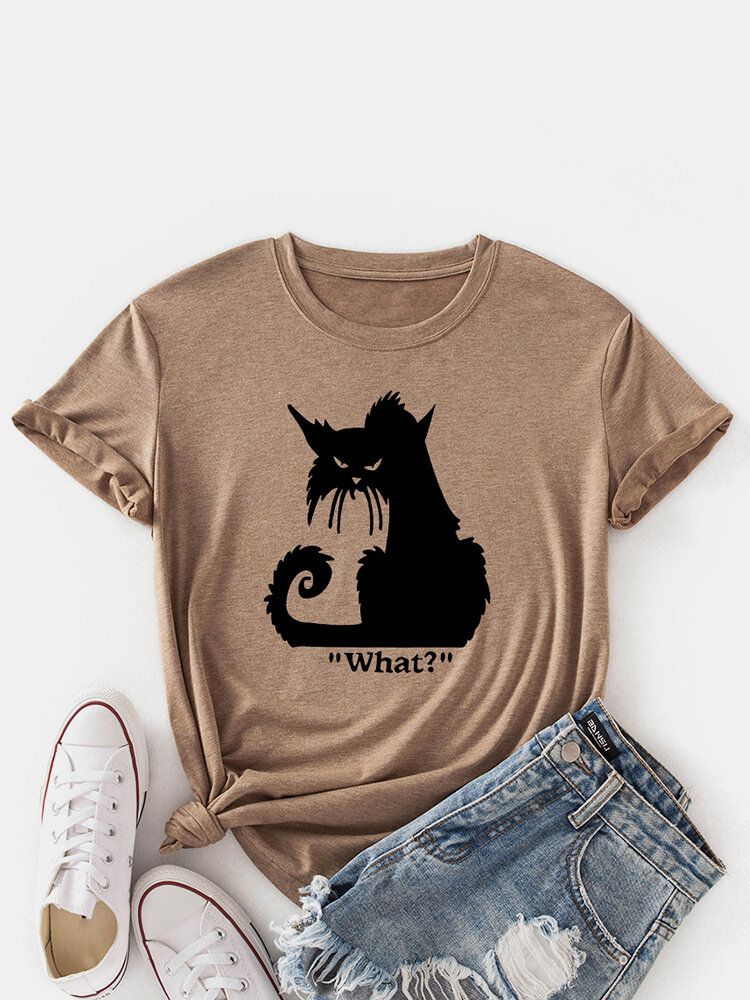 Camisetas De Manga Corta Casual Con Cuello Redondo Y Estampado De Gato De Dibujos Animados Para Mujer