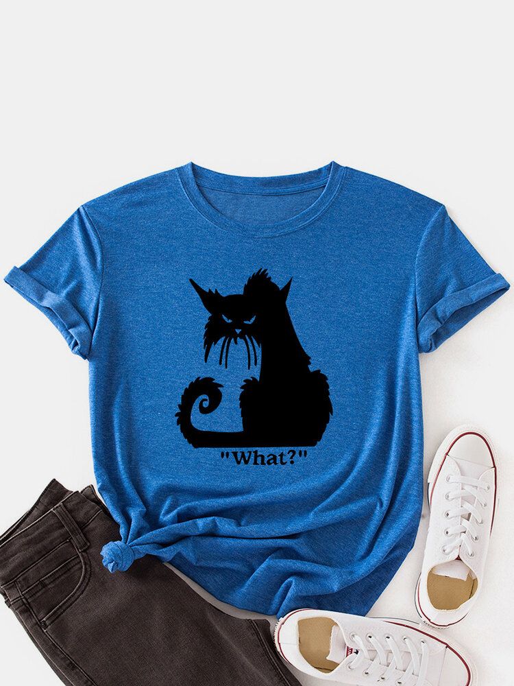 Camisetas De Manga Corta Casual Con Cuello Redondo Y Estampado De Gato De Dibujos Animados Para Mujer