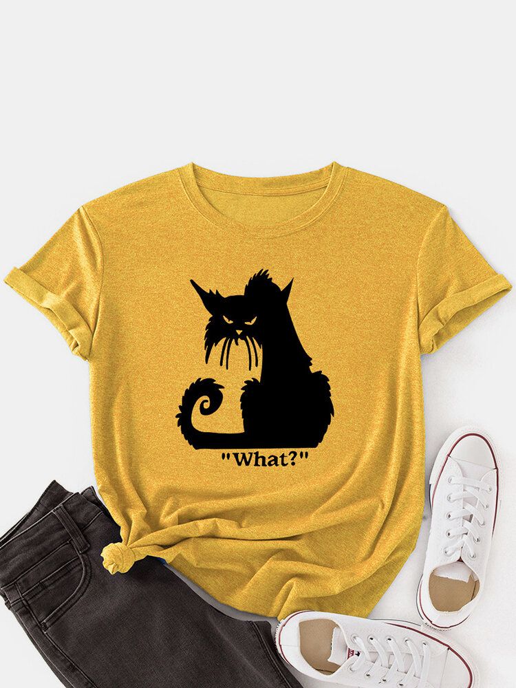 Camisetas De Manga Corta Casual Con Cuello Redondo Y Estampado De Gato De Dibujos Animados Para Mujer