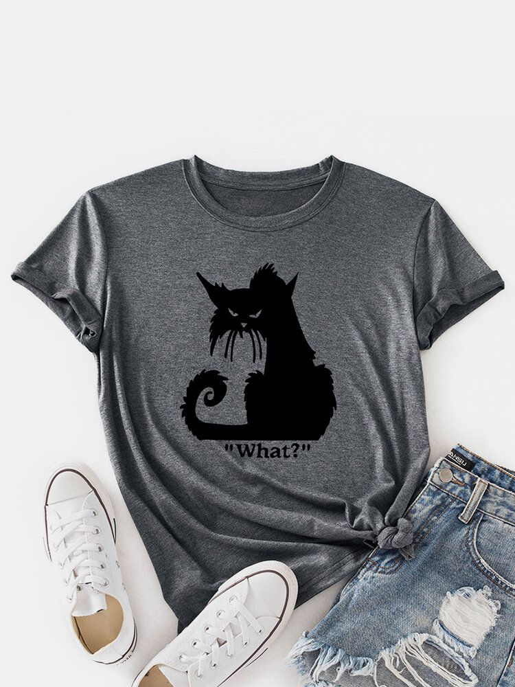 Camisetas De Manga Corta Casual Con Cuello Redondo Y Estampado De Gato De Dibujos Animados Para Mujer