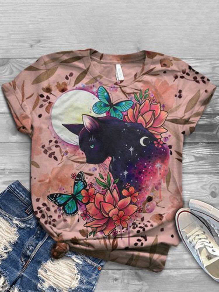 Camisetas De Manga Corta Casual Con Cuello Redondo Y Estampado De Gato Lindo Para Mujer