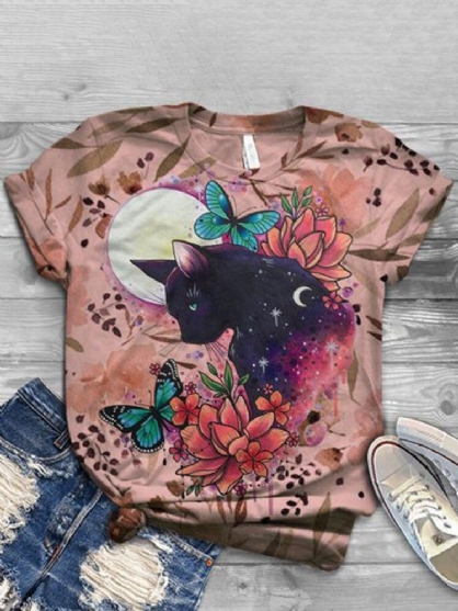 Camisetas De Manga Corta Casual Con Cuello Redondo Y Estampado De Gato Lindo Para Mujer